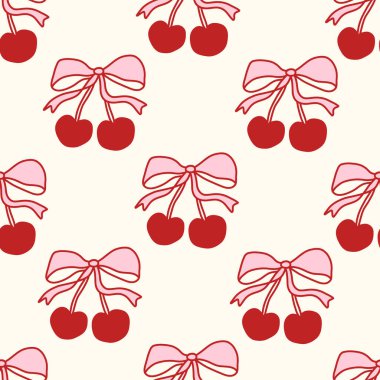 Pembe ve kırmızı kirazlar ve krema arkaplanında sevimli fiyonklar olan kusursuz bir çift yumurta deseni. Kız ve romantik el yapımı tasarım, kumaş, kırtasiye, ambalaj ve dekor için mükemmel. Vektör illüstrasyonu