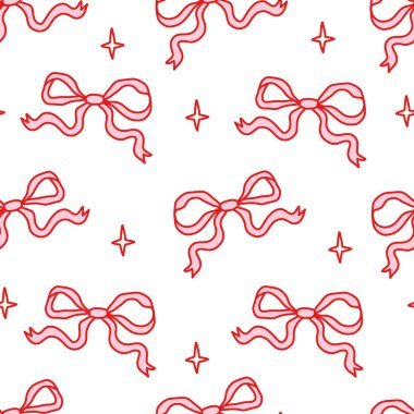 Beyaz arka planda el yapımı kırmızı fiyonklu ve yıldızlı kusursuz desen. Şirin ve kız tarzı, kumaş, ambalaj, ambalaj kağıdı, dijital kağıt, kırtasiye malzemesi için mükemmel. Vektör illüstrasyonu