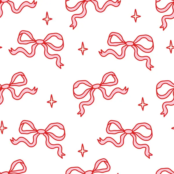 Beyaz arka planda el yapımı kırmızı fiyonklu ve yıldızlı kusursuz desen. Şirin ve kız tarzı, kumaş, ambalaj, ambalaj kağıdı, dijital kağıt, kırtasiye malzemesi için mükemmel. Vektör illüstrasyonu