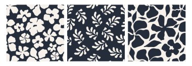 Soyut çiçek desensiz desen seti. Temiz bir şekilde soyut, çiçeksiz, şık bir desen. Paketleme, duvar sanatı ve moda malzemeleri için mükemmel. Vektör illüstrasyonu