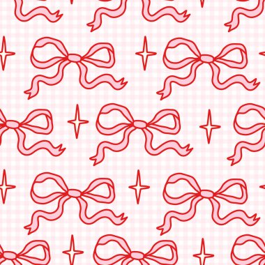 Yumuşak pembe gingham arka planında kırmızı el yapımı fiyonkları ve parıltıları olan hoş, pürüzsüz bir coquette deseni. Kızsal kumaş, kırtasiye, hediye paketi, dijital kağıt ve duvar kağıtları için mükemmel..