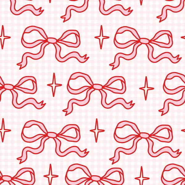 Yumuşak pembe gingham arka planında kırmızı el yapımı fiyonkları ve parıltıları olan hoş, pürüzsüz bir coquette deseni. Kızsal kumaş, kırtasiye, hediye paketi, dijital kağıt ve duvar kağıtları için mükemmel..