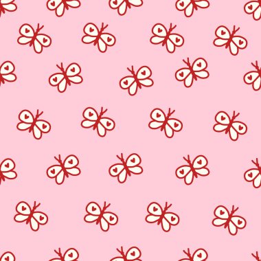 Yumuşak pembe arka planda kalp detaylarını içeren sevimli kırmızı kelebekli kusursuz çiftleşme deseni. Kumaş, duvar kağıdı, ambalaj kağıdı ve kawaii tasarımları için romantik kız estetiği..