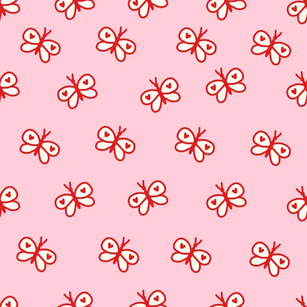 Yumuşak pembe arka planda kalp detaylarını içeren sevimli kırmızı kelebekli kusursuz çiftleşme deseni. Kumaş, duvar kağıdı, ambalaj kağıdı ve kawaii tasarımları için romantik kız estetiği..