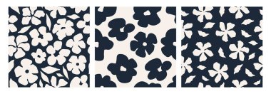 Siyah ve beyaz renklerde soyut, dikişsiz desen. Kusursuz planda pürüzsüz soyut çiçek tasarımı. Arka plan dokuları, kumaş izleri ve kırtasiye malzemeleri için ideal. Vektör illüstrasyonu