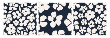 Soyut çiçek desensiz desen seti. Soyut el çizimi siyah beyaz çiçek deseni ve yinelenen desen. Kırtasiye, tekstil tasarımı ve hediye paketi için uygun. Vektör illüstrasyonu