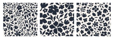 Soyut çiçek desensiz desen seti. Siyah ve beyaz renklerde organik sadeliği olan sanatsal çiçek desenleri. Yüzey tasarımı, ürün ambalajı, duvar baskısı için uygun. Vektör illüstrasyonu