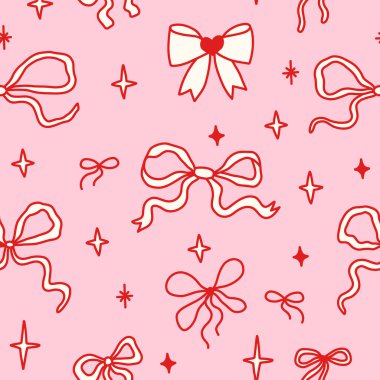 Pembe arka planda el yapımı kırmızı kurdeleler ve parıltılarla kusursuz çiftleşme deseni. Kadınsı, kadınsı ve kumaş, dijital kağıt, kırtasiye ve romantik markalar için sevimli bir estetik..