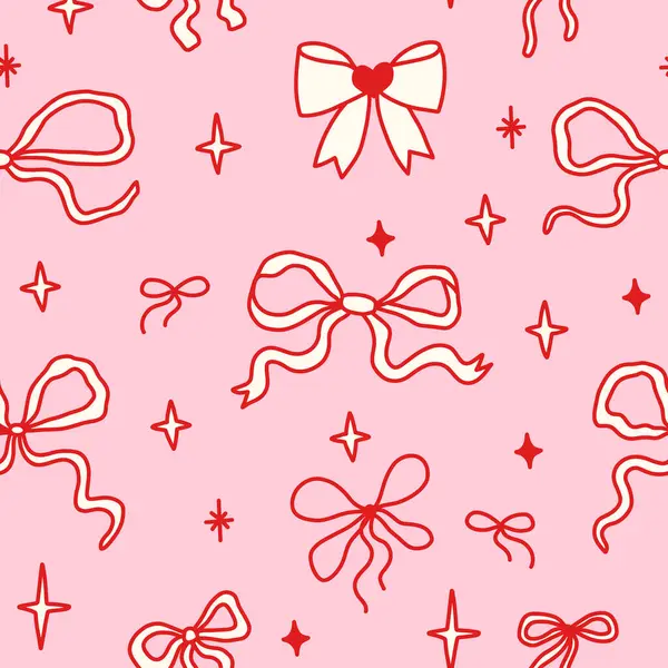 Pembe arka planda el yapımı kırmızı kurdeleler ve parıltılarla kusursuz çiftleşme deseni. Kadınsı, kadınsı ve kumaş, dijital kağıt, kırtasiye ve romantik markalar için sevimli bir estetik..