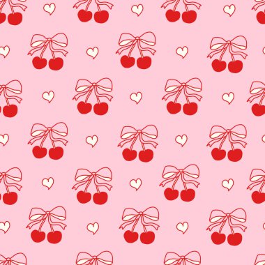 Pembe arka planda pembe fiyonklarla bağlanmış kırmızı kirazlı, çiftleşik, pürüzsüz desen. Kumaş, ambalaj kağıdı, kırtasiye malzemesi, dijital tasarım ve romantik projeler için sevimli ve kadınsı bir estetik. Vektör sanatı