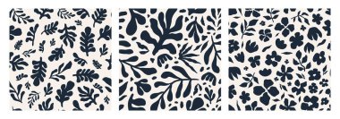 Modern çiçeksiz desen seti. Tekstil, kumaş, ambalaj kağıdı ve duvar kağıdı için soyut şekil yaprağı ve çiçek organik botanik arka plan koleksiyonu. Siyah ve beyaz renkler. Vektör illüstrasyonu