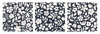 Soyut çiçek desensiz desen seti. Siyah ve beyaz renkli çağdaş tarz çiçeklerin zarif bir tekrarı. Duvar kağıtları, kumaşlar ve dijital baskılar için ideal. Vektör illüstrasyonu