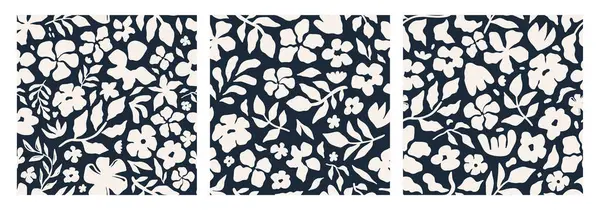 Soyut çiçek desensiz desen seti. Siyah ve beyaz renkli çağdaş tarz çiçeklerin zarif bir tekrarı. Duvar kağıtları, kumaşlar ve dijital baskılar için ideal. Vektör illüstrasyonu