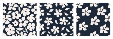 Soyut şekil yaprağı ve çiçek organik dikişsiz desen seti. Beyaz arka planda siyah çiçek deseni. Tekstil ve kumaş için modern siluet yaz baskısı koleksiyonu. Vektör illüstrasyonları