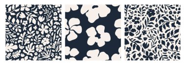 Soyut çiçek desensiz desen seti. Modern çiçek sanatı. Klasik tarzda organik, çiçekli arka plan koleksiyonu. Bahar mevsimi dekorasyon dokusu, çizim, baskı. Vektör illüstrasyonu