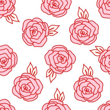 Beyaz arka planda kırmızı karalama gülleri olan pürüzsüz bir desen. Romantik ve sevimli çiçek dizaynı Sevgililer Günü için mükemmel. Kağıt, kumaş, hatıra defteri ve kız işi dijital projeler..