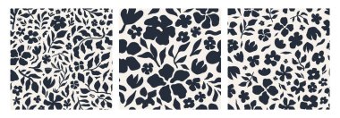 Çiçeksiz desen, soyut siyah tropikal çiçekler ve krem rengi bir arka plan. Modern el yapımı botanik baskılar tekstil, duvar kağıtları, ambalaj kağıtları ve yaz tasarımları için mükemmeldir..