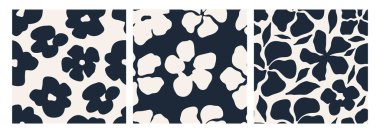 Soyut lacivert çiçekli, açık krem arka planda kusursuz desenler oluşturuldu. Modern minimalist tasarım kumaş, ambalaj, duvar kağıtları, arka plan, kırtasiye ve yaz dekorasyonu için mükemmeldir.