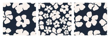 Donanmada açık krem arka planda cesur çiçek ve botanik siluetleri içeren kusursuz desenler. El yapımı modern tasarım tekstil, ambalaj, duvar kağıdı ve dijital projeler için mükemmeldir..