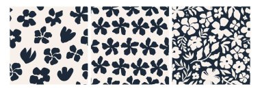 Donanmada açık krem arka planda cesur çiçek ve botanik siluetleri içeren kusursuz desenler. El çizimi modern tasarım tekstil, ambalaj, duvar kağıdı ve dijital projeler için mükemmeldir..