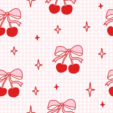 Kırmızı kirazlar, pembe fiyonklar ve gingham arka planda ışıldayan tatlı, dikişsiz coquette deseni. Kumaş, ambalaj, dijital kağıt, hatıra defteri ve kırtasiye için oldukça romantik bir estetik..