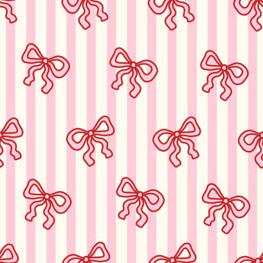 Pembe ve beyaz dikey çizgilerde elle çizilmiş kırmızı kurdeleli, kusursuz desen. Sevgililer Günü için sevimli ve kız işi bir geçmiş, paket kağıdı, hatıra defteri, duvar kağıtları ve kırtasiye malzemeleri. Vektör 