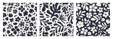 Açık krem arka planda koyu çiçekli ve botanik siluetleri olan kusursuz desenler. El çizimi modern tasarım tekstil, ambalaj, duvar kağıdı ve dijital projeler için mükemmeldir..