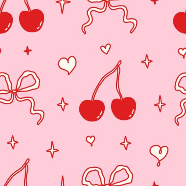 Pembe arka planda pembe fiyonklarla bağlanmış kırmızı kirazlı, çiftleşik, pürüzsüz desen. Kumaş, ambalaj kağıdı, kırtasiye malzemesi, dijital tasarım ve romantik projeler için sevimli ve kadınsı bir estetik. Vektör sanatı