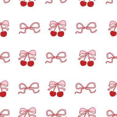 Beyaz arka planda pembe fiyonklarla bağlanmış kırmızı kirazlı, pürüzsüz bir desen. Kumaş, ambalaj kağıdı, kırtasiye malzemesi, dijital tasarım ve romantik projeler için sevimli ve kadınsı bir estetik. Vektör sanatı