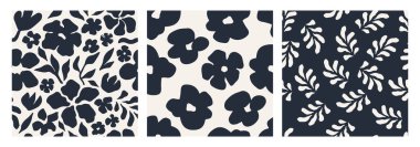 El çizimi siyah çiçekler ve açık arkaplanda siluetler bırakan soyut, dikişsiz desenler. Modern, organik stil kumaş, ambalaj kağıdı ve kırtasiye için mükemmeldir. Vektör sanatı