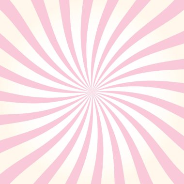 Şeker rengi güneş patlaması arka planı. Dönen radyal dondurma arka planı. Kıvrık şeker arka planı. Radyal bükülmüş çizgiler, girdap etkisi, fırıldak deseni. Soyut pembe karamelli baskı. Vektör illüstrasyonu