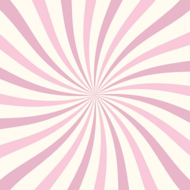 Şeker rengi güneş patlaması arka planı. Dönen radyal dondurma arka planı. Pembe tonlarda girdaplı şeker arka planı. Tatlı tasarımlar ve parti temaları için eğlenceli ve parlak bir retro. Vektör illüstrasyonu.