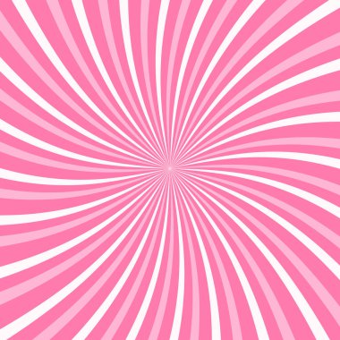 Dinamik burkulmuş çizgili pembe radyal patlama arka planı. Pembe ve beyaz renkler. Pop sanat, retro tasarım, poster ya da sosyal medya şablonu için parlak bir çizgi roman tarzı güneş patlaması deseni. Vektör illüstrasyonu.