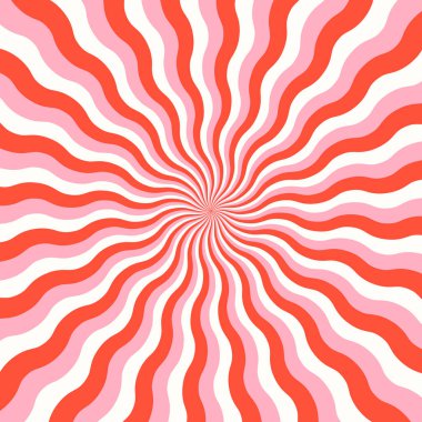 Dalgalı sarmal soyut arkaplan. Radyal çizgiler, güneş patlaması, patlama ya da sürpriz manga tarzı etki. Lolipop, şeker, yoğurt ya da dondurma baskısı. Kırmızı ve beyaz renkler. Vektör illüstrasyonu.