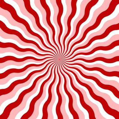 Kırmızı ve pembe dalgalı güneş patlaması arka planı. Dinamik radyal çizgileri olan kıvrımlı şeker sarmalı. Tatlı tasarımlar, tatil temaları ve şenlikli grafikler için Retro psychedelic burst. Vektör illüstrasyonu.