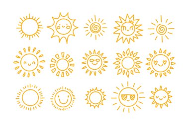 Sarı renkli şirin karalama güneş ikonları koleksiyonu. Elle çizilmiş kawai güneş yüzleri, gülücükler, kalpler ve güneş gözlükleri. Çocuk tasarımı, yaz dekorasyonu, baskılar ve eğlenceli markalar için mükemmel. Vektör sanatı