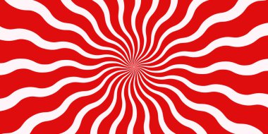 Kırmızı ve beyaz dalgalı güneş patlaması arka planı. Kavisli çizgileri olan soyut hipnotik radyal desen. Optik illüzyon tasarımı, retro, psychedelic veya pop sanat temaları için mükemmel. Noel şeker taşıyıcısı posteri