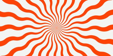 Dalgalı radyal çizgileri olan canlı turuncu saykodelik güneş patlaması arka planı. Retro girdap optik illüzyon deseni, posterler, müzik kapakları, ambalaj veya soyut tasarım projeleri için mükemmel