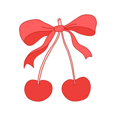 Kurdeleli, el yapımı kırmızı kiraz. Romantik tasarım için eğlenceli meyve illüstrasyonu Sevgililer Günü dekorasyonu, ambalaj, Noel çıkartmaları ya da tebrik kartları. Beyaz arkaplanda izole edilmiş vektör