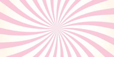 Yumuşak eğimli, pembe ve beyaz radyal güneş patlaması arkaplanı. Çizgi roman tarzı soyut desen, pop sanat tasarımları, posterler, parti davetiyeleri veya web grafikleri için idealdir. Vektör illüstrasyonu