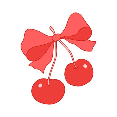 Şirin bir kurdele yayı olan tuhaf bir kırmızı kiraz. Elle çizilmiş romantik meyve çizimi. Kız baskıları, Sevgililer Günü kartları, Noel ambalajları, çıkartmalar ve dijital tasarım için mükemmel.