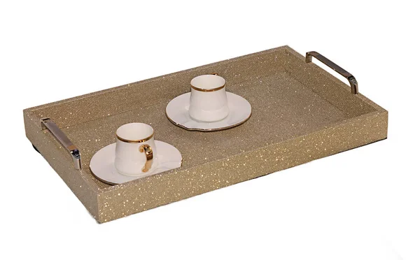 Sparling Gyllene Bricka Med Guld Keramiska Kaffekoppar Isolerad Vit Bakgrund — Stockfoto