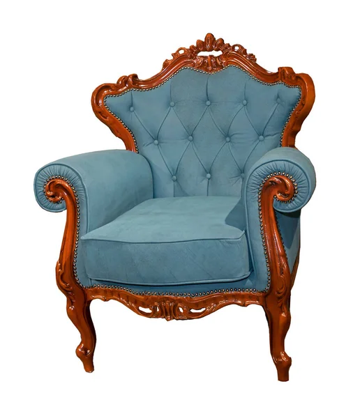 老式扶手椅 带有雕刻的褐色木制框架和蓝色纺织品衬垫 白色背景隔离 — 图库照片