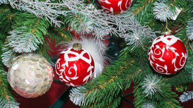 Yeşil bir dala asılı Noel ağacı süsleri.