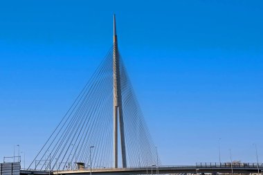Ada bridge is famous cable-stayed suspension bridge over the Sava river in Belgrade