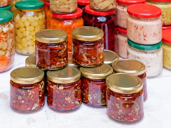 Homemade Pickled Vegetables Prepared Food Glass Jars Sold Market Stall Jogdíjmentes Stock Képek