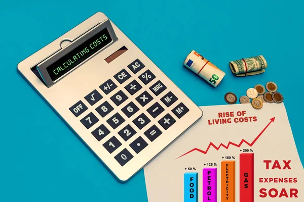 Paper Money Notes Coins Next Calculator Chart Increasing Costs Living — Stock Photo, Image