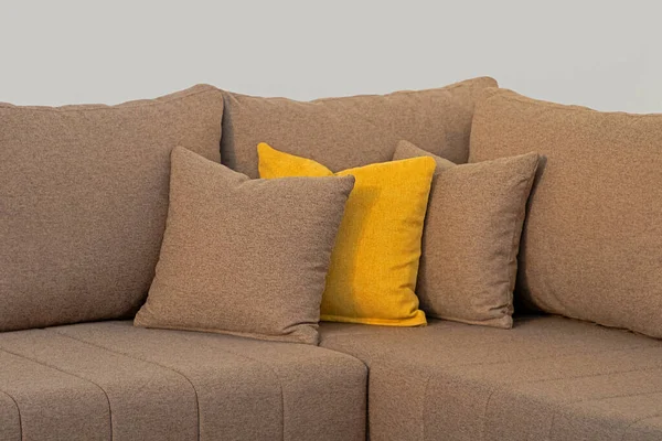 Montón Almohadas Material Textil Decorativo Esquina Muebles Sofá —  Fotos de Stock