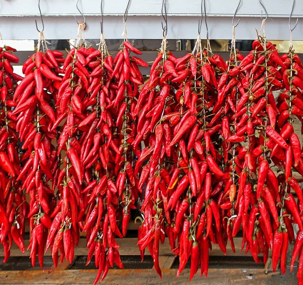 Органические Красный Острый Перец Чили Висит Открытом Воздухе Рынке — стоковое фото