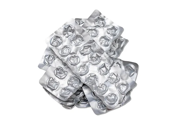 Gebrauchte Medikamentenpillen Stapeln Sich Silbernen Blasen Auf Weißem Hintergrund — Stockfoto